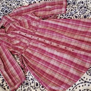 Plaid buttons 3/4 sleeves waist tied dress